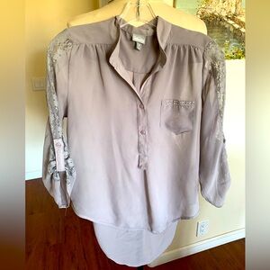 Vanity Gray 3/4 Sleeve sheer Blouse, with lace sleeves,in excellent condition